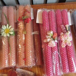 Random Pick, 1 Pair, 8" Bees Wax Candles, Decorated, Pink, Peach, Organic, Local